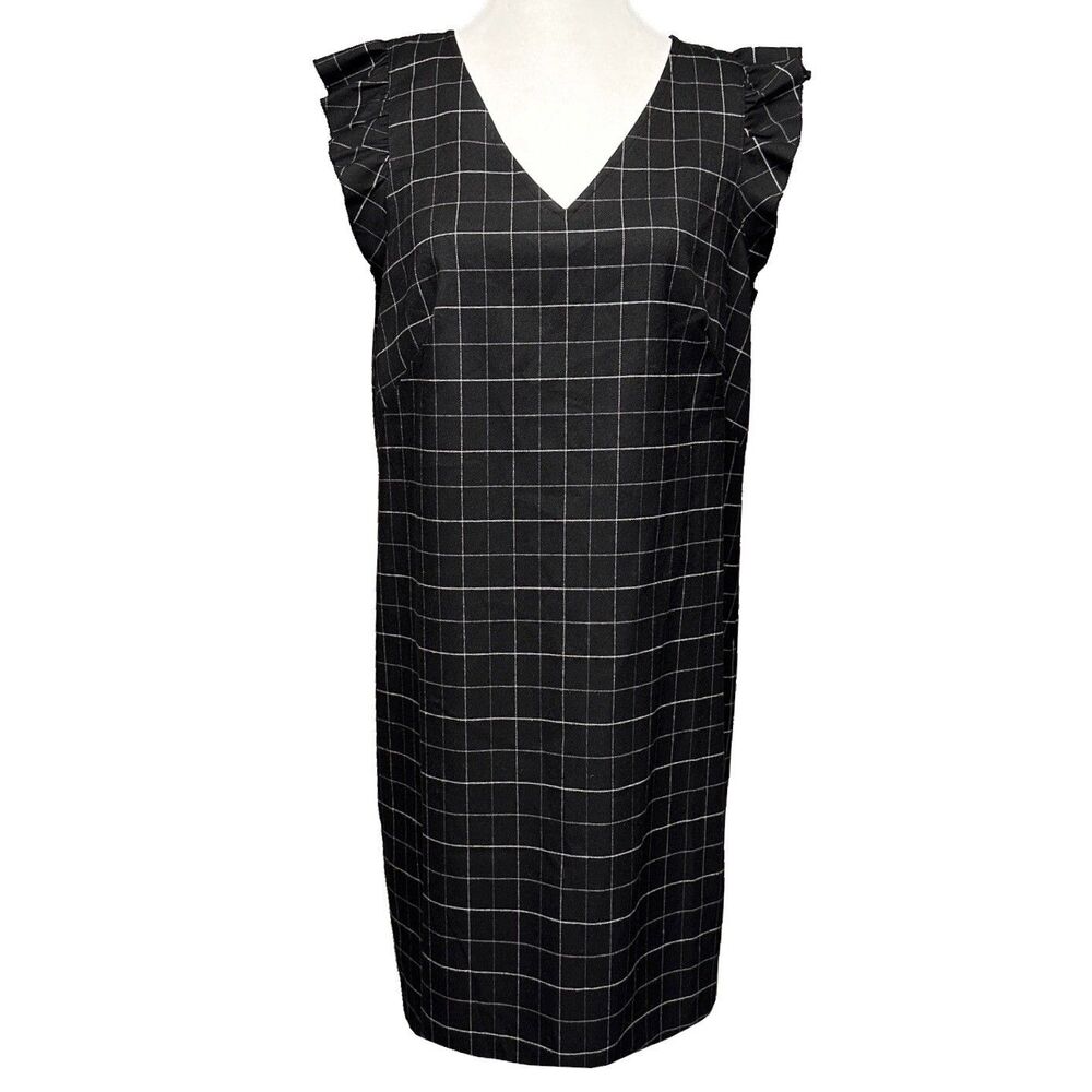 LOFT Black Plaid Check Shift Dress Ruffle Sleeve Office Academia Preppy Size 10